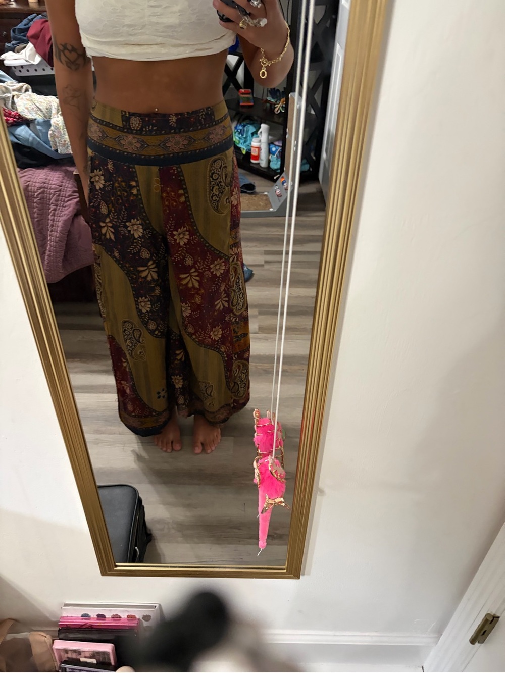 Bohemian Wide-Leg Patchwork Pants - Olive, Burgundy, and Brown